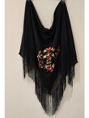 Artesania J Pertinez Black Embroidered Fringe Shawal 68" Width Beautiful Vintage